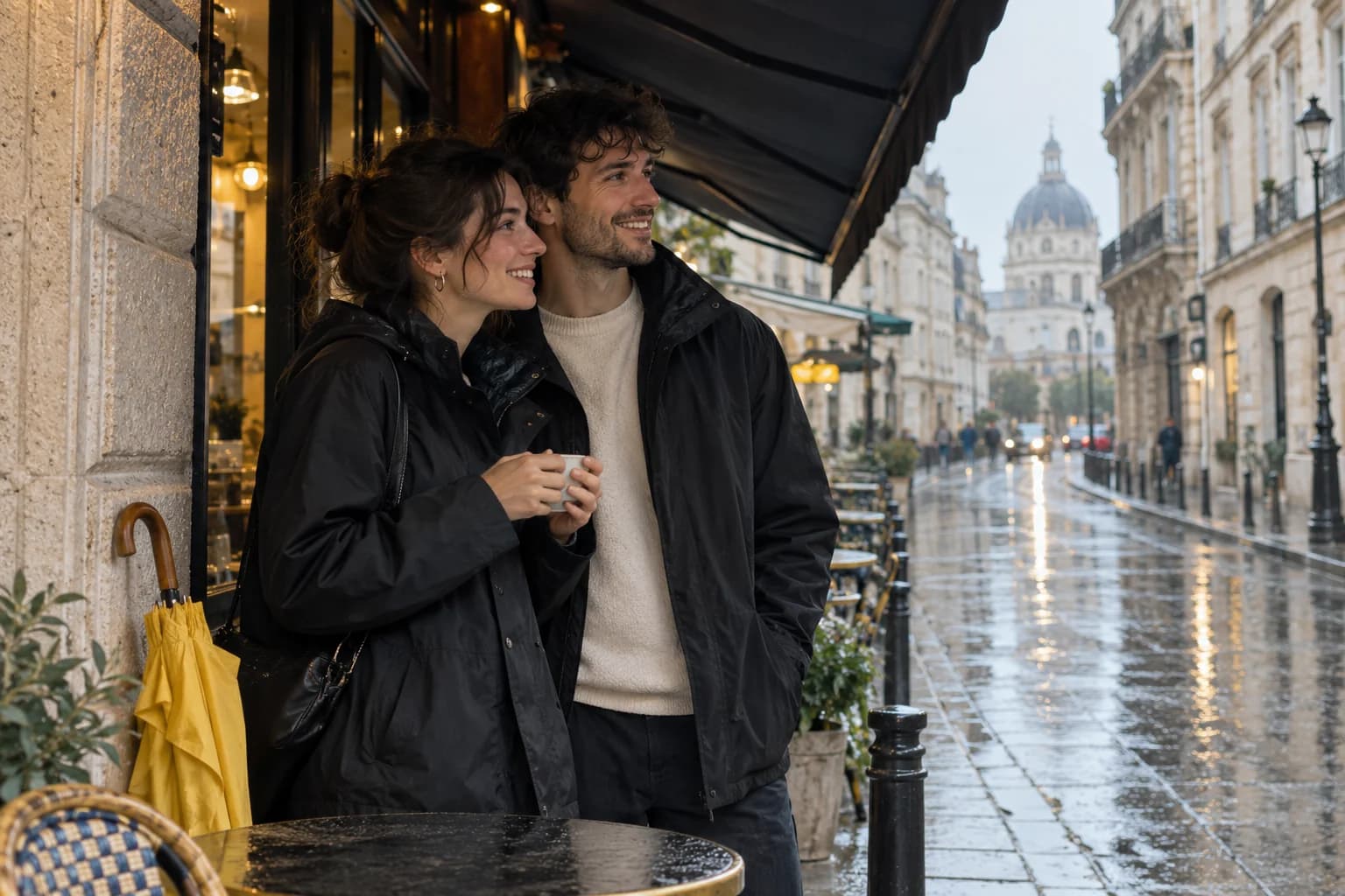 A couple shelters under a café awning beside reflections on a rainy city street.