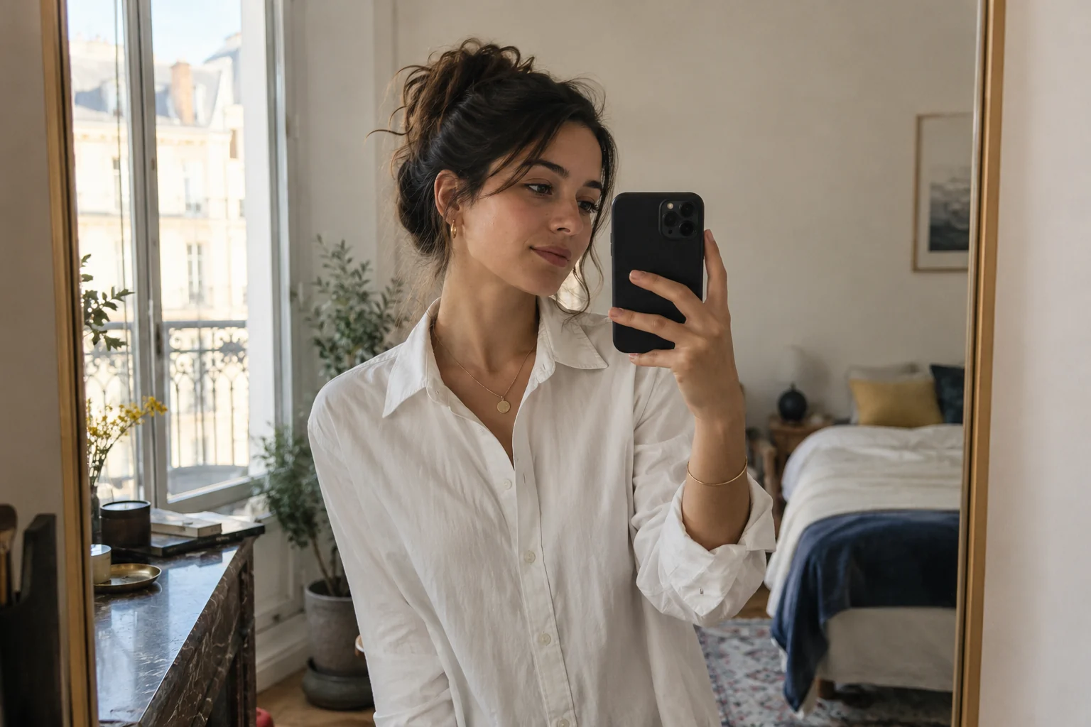A woman compares a phone selfie with her reflection in a mirror.