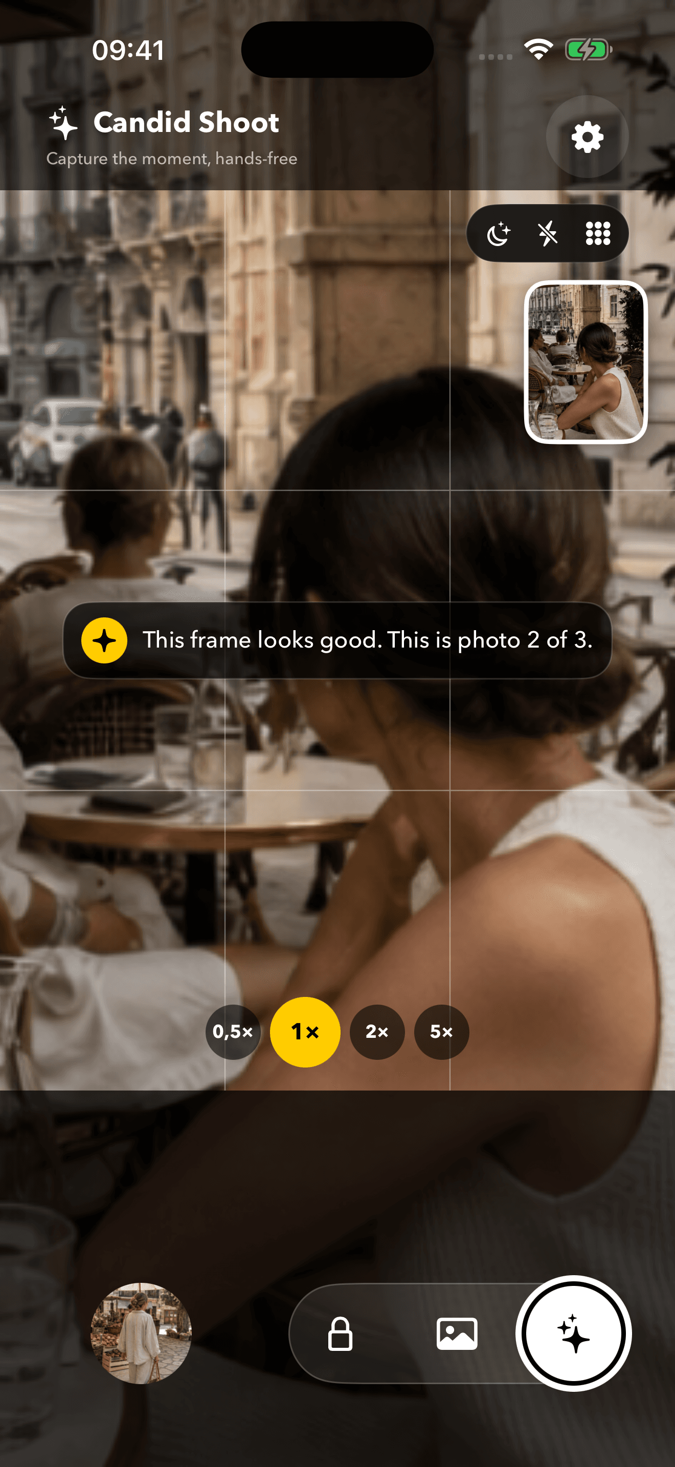 Insta BF Candid Shoot feature: hands-free capture with the app telling you a frame looks good