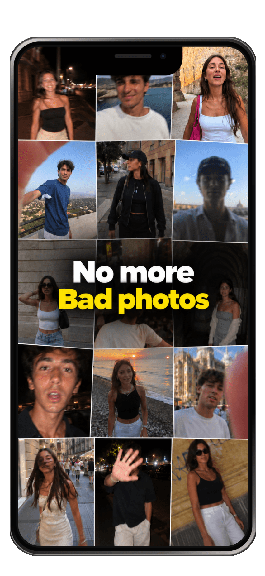Phone mockup with a collage of photos and the words 'No more Bad photos'