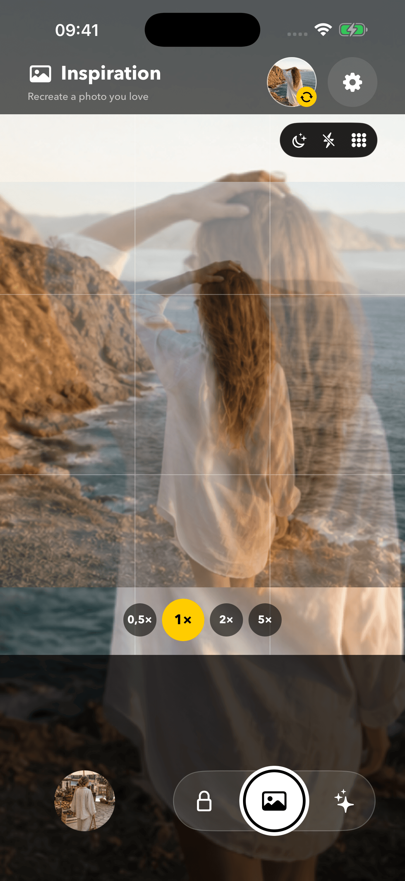 Insta BF Inspiration feature: a reference photo ghosted over the live camera preview to match the pose