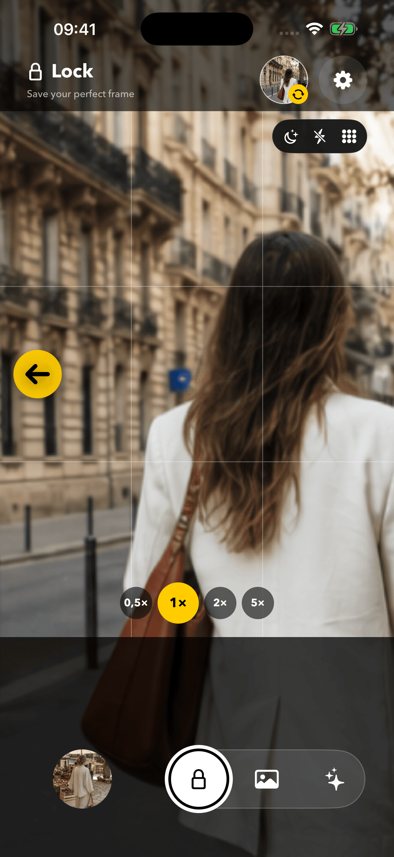 Insta BF Lock feature: a locked camera frame overlay with a grid, saving the perfect composition