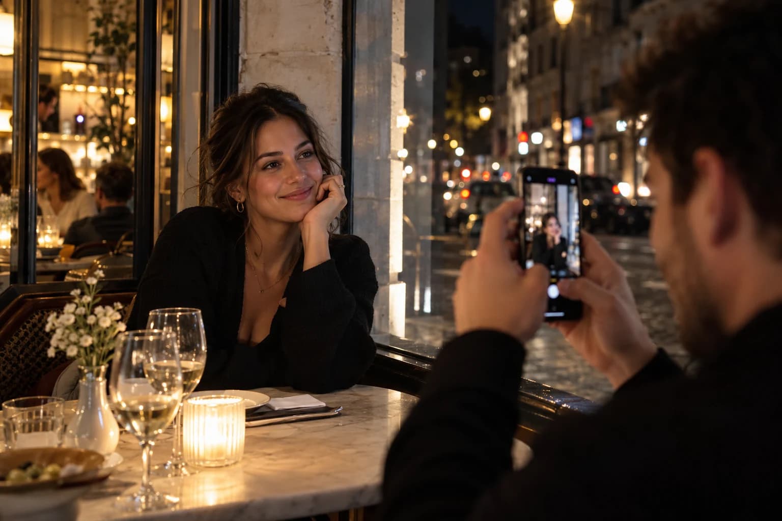A partner photographs a woman beside the soft light of a restaurant window at night.