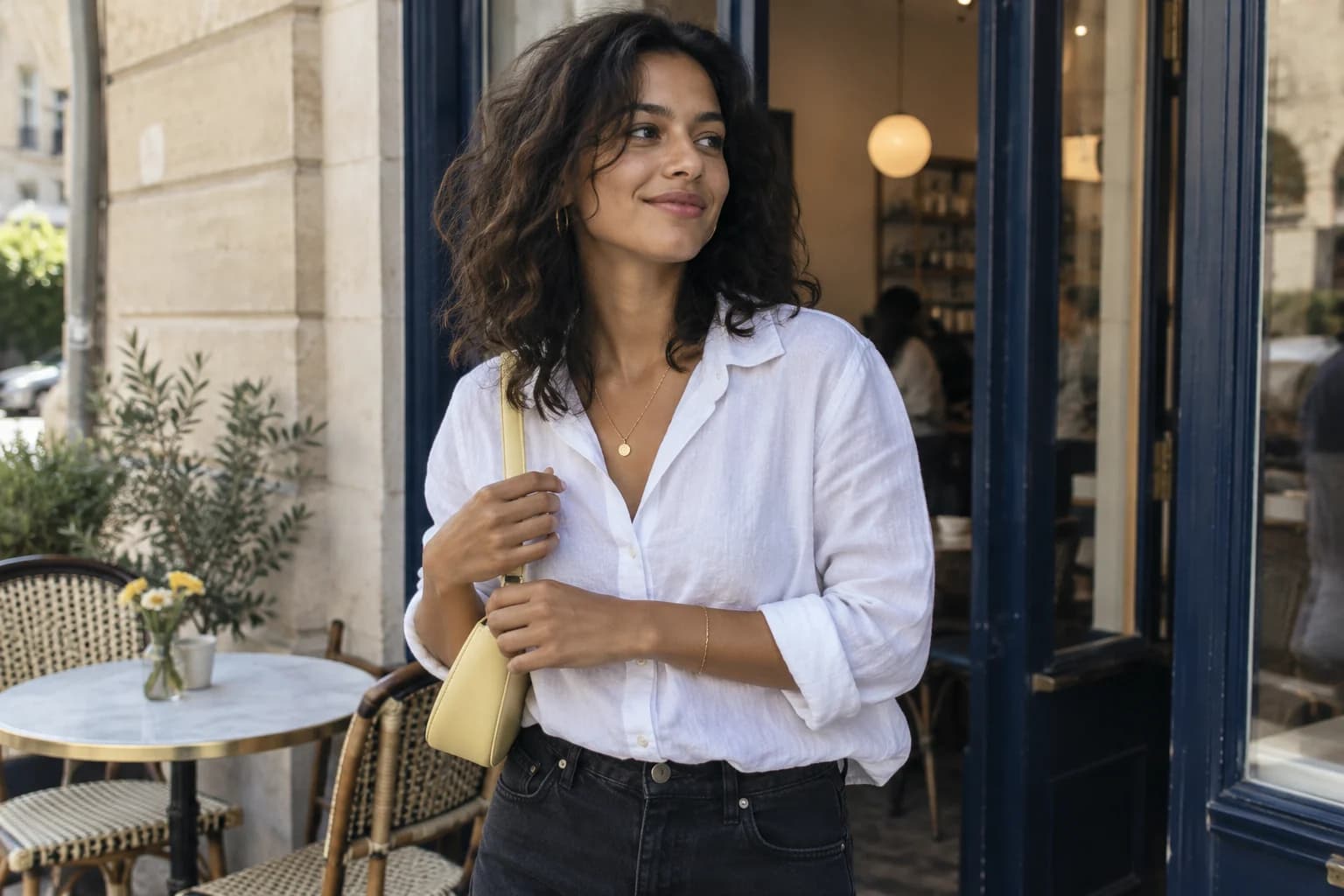 A woman rests her hands naturally on a shoulder-bag strap outside a café.